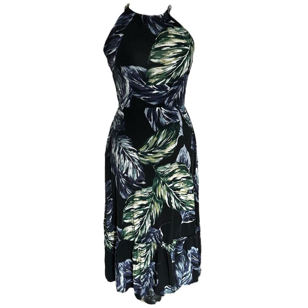 Cynthia Rowley Black Tropical Leaf Floral Soft Midi Dress XS/ S Retro w Pockets!
